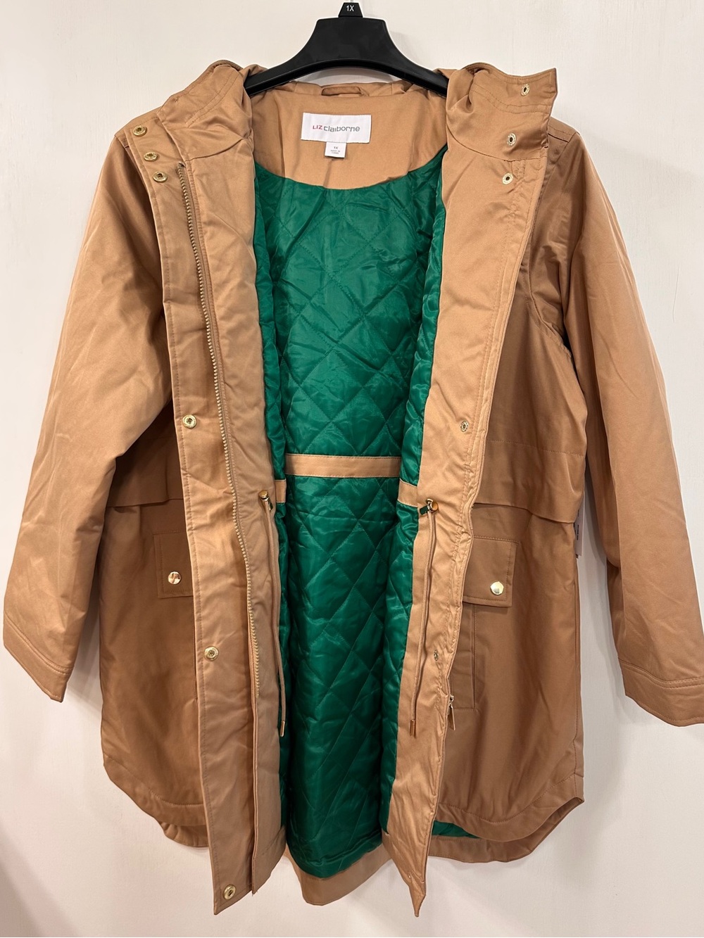 Liz Claiborne Midweight Jacket Women’s 1X Tan Green Quilted Lined Full Zip $220